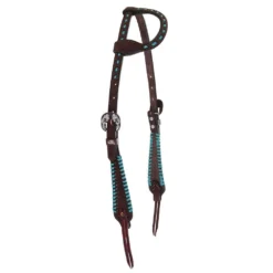 Double J Saddlery Brown Roughout With Turquoise Whip Stitch Single Ear Headstall