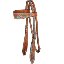 NRS Tooled Browband Headstall W/ Painted Turquoise Background