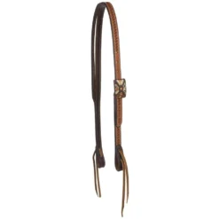Cowperson Tack 3/4 Inch Slit Ear Basket Stamp Headstall With Unique Antiqued Rectangular Concho With Silver And Cooper Detail