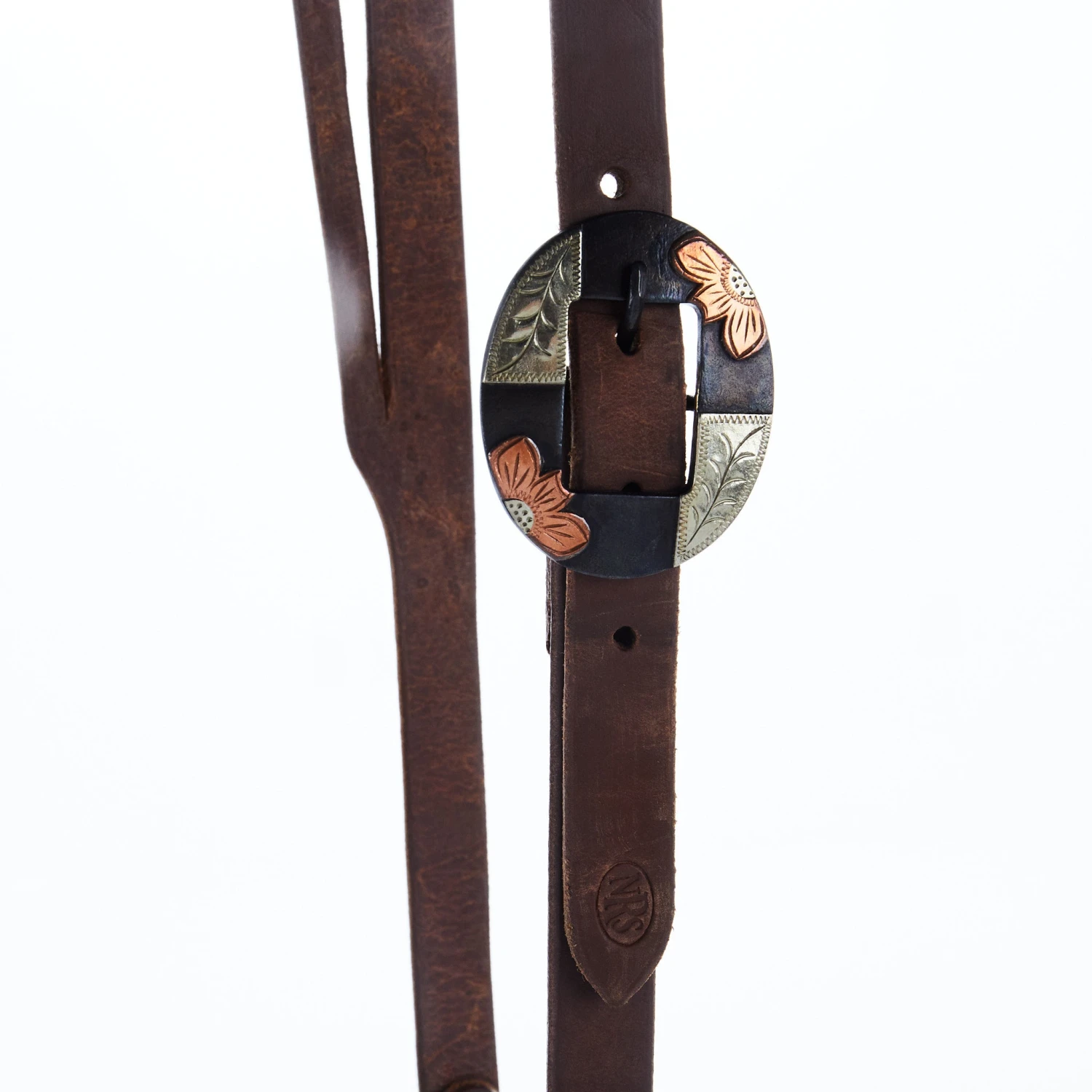 Nrs Tack Oiled 3/4 Inch Slit Ear Headstall With Copper Flower Silver Bar Cart Buckle - Image 2